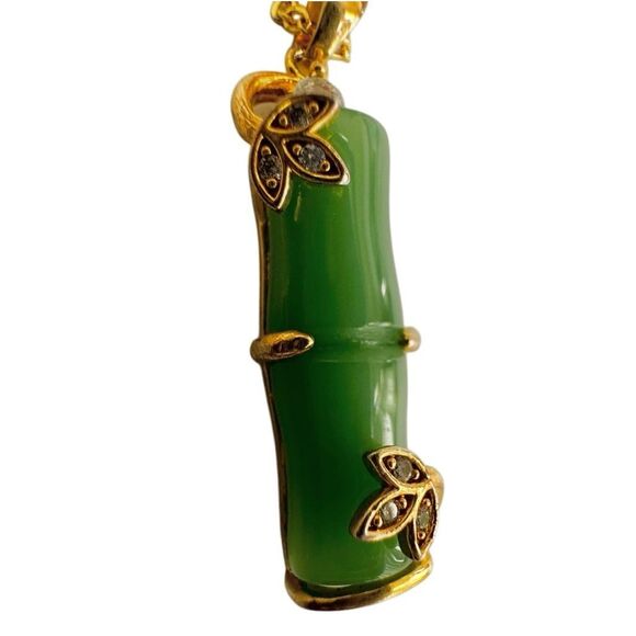 Jade Bamboo   Gold tone Rhinestone Pendant Necklace - Picture 5 of 11